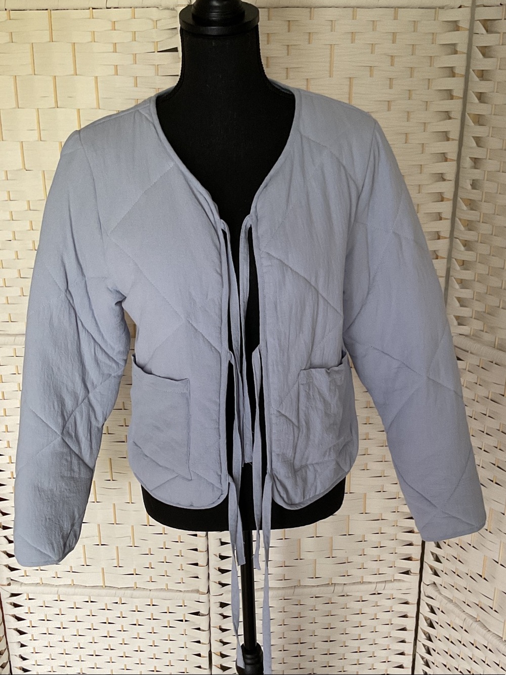 Light Blue Quilted Tie-Front Puffer Jacket